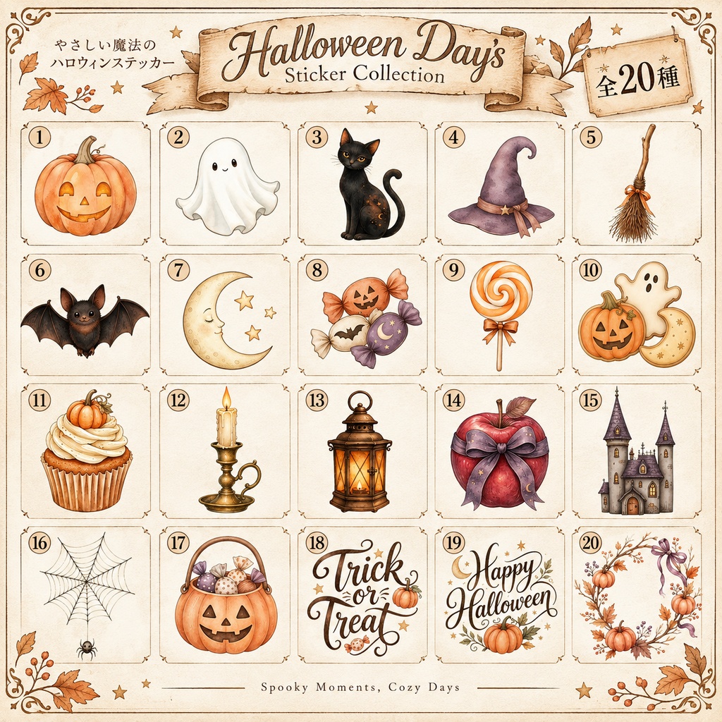 【デジタルステッカー】ハロウィンの水彩イラスト20点|背景透過PNG|手帳・コラージュ素材