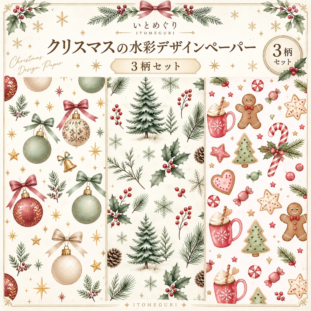 【デジタルペーパー】    Cozy Christmas｜水彩デジタルペーパー 3柄セット