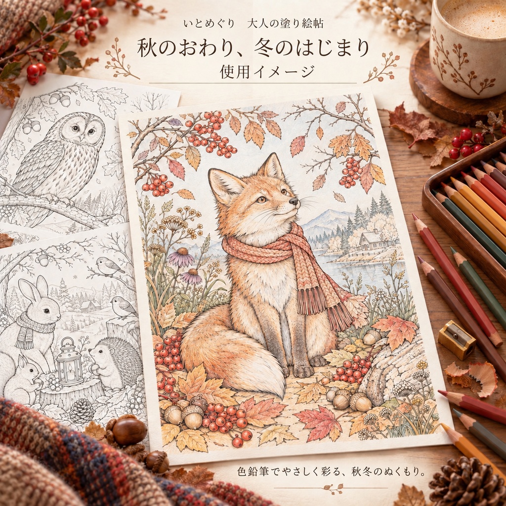 【大人の塗り絵】秋のおわり、冬のはじまり|森の動物と冬支度のぬりえ10枚セット
