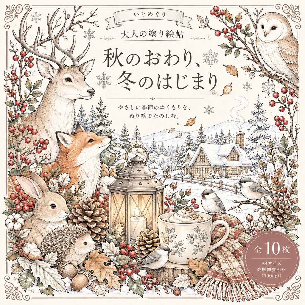 【大人の塗り絵】秋のおわり、冬のはじまり｜森の動物と冬支度のぬりえ10枚セット