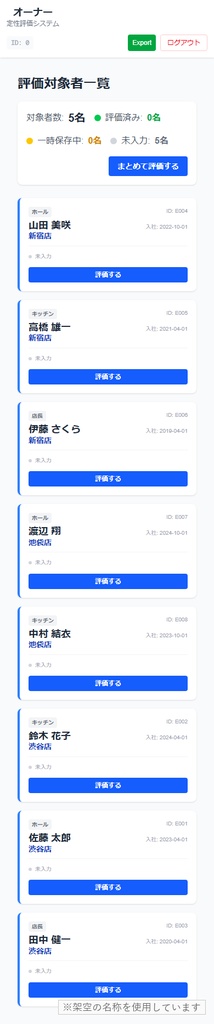 【改修OK】部下評価アプリ v1.0|日次/月次/年次サイクル×加重スコア×CSVをWeb化(Next.js / Vercel ソース一式・AI改造プロンプト10種付き)