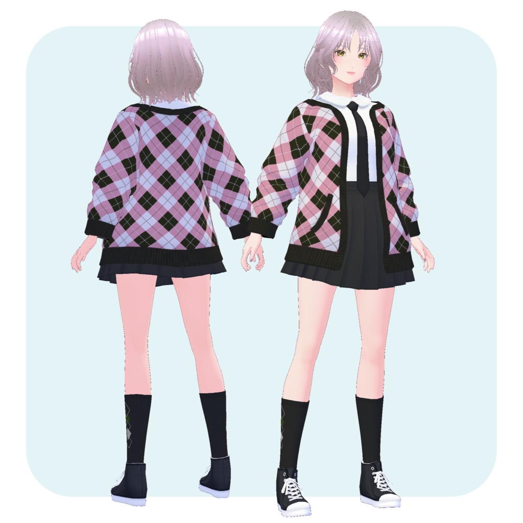 【アーガイル柄ビッグカーデ&制服風セット】甘辛プレッピールック