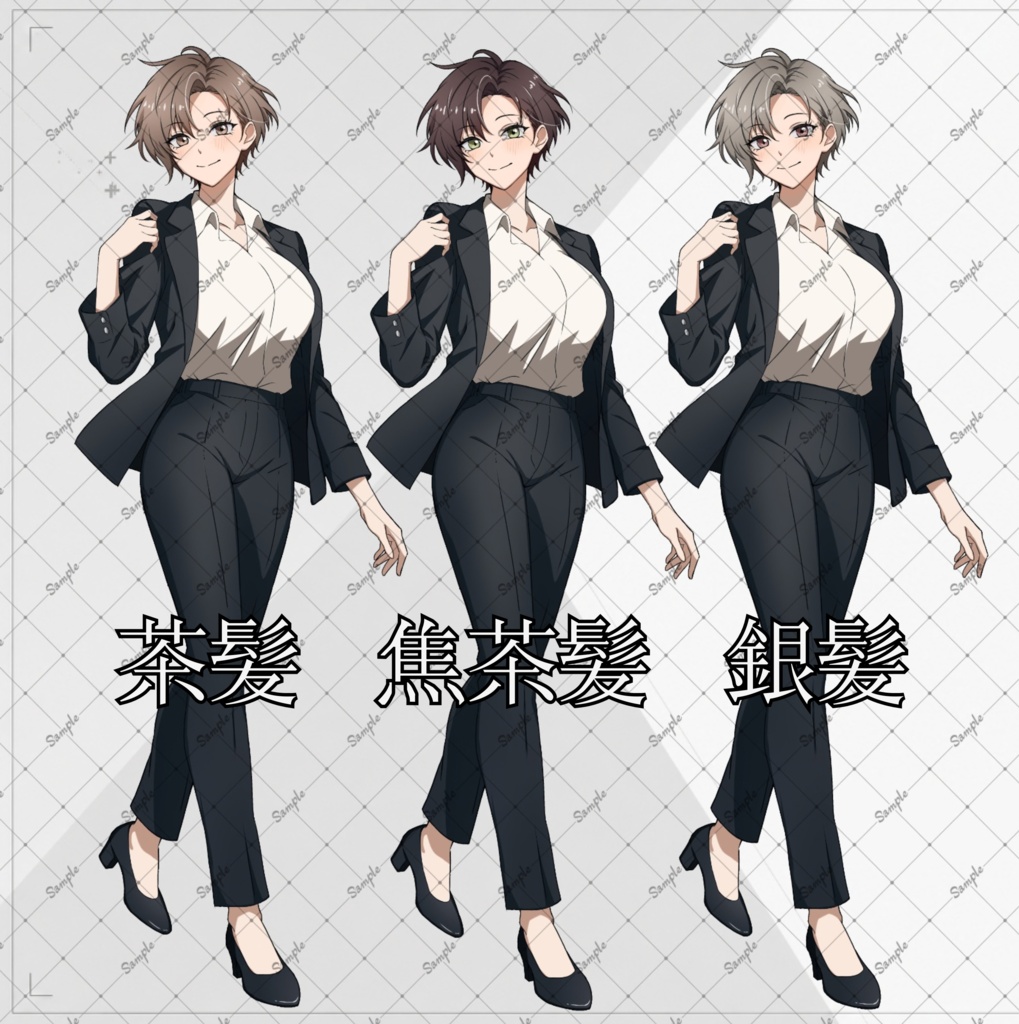 《立ち絵素材009》女性_スーツ_全身_表情差分9種