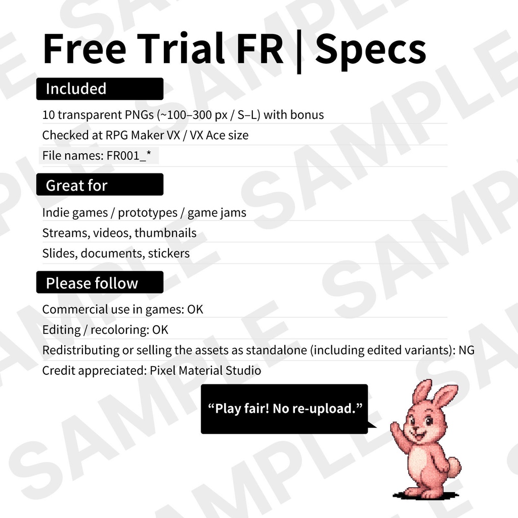 FR-01|無料お試し FR-01|ドット絵10点(透過PNG/おまけ付き) FR-01 | Free Sample Pack (10 PNG, +Bonus)