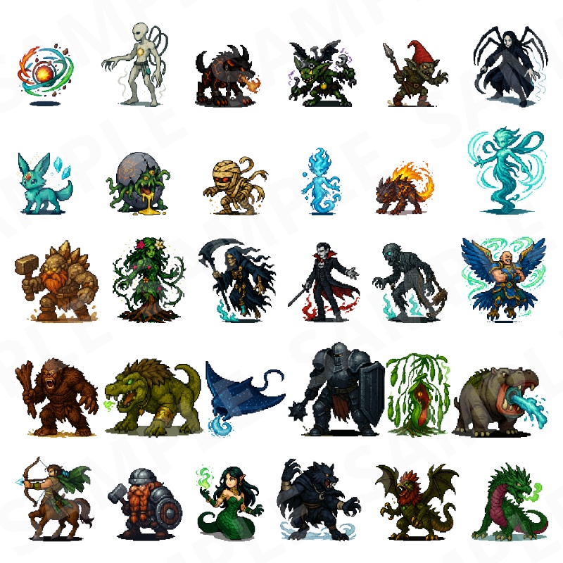 1000-Monster Mega Pack|RPG向けドット絵モンスター1000体(透過PNG/商用OK) Fantasy Pixel Monsters x1000 (PNG, Commercial OK)