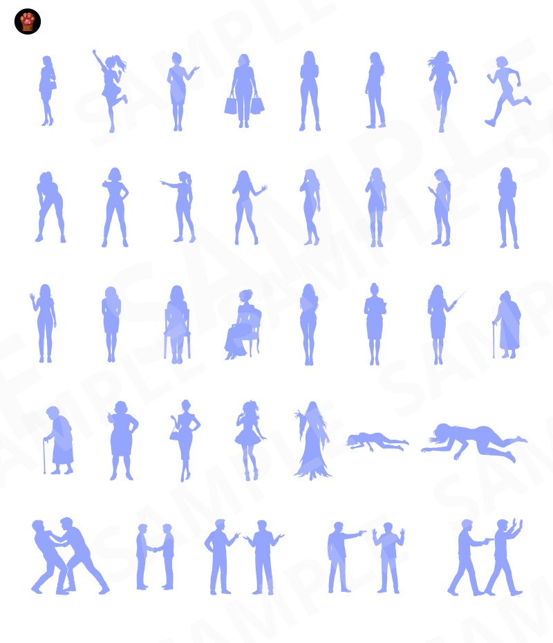 SIL01|シルエット素材100種類(黒版・青版/透過PNG)|Silhouette Graphics Vol.1