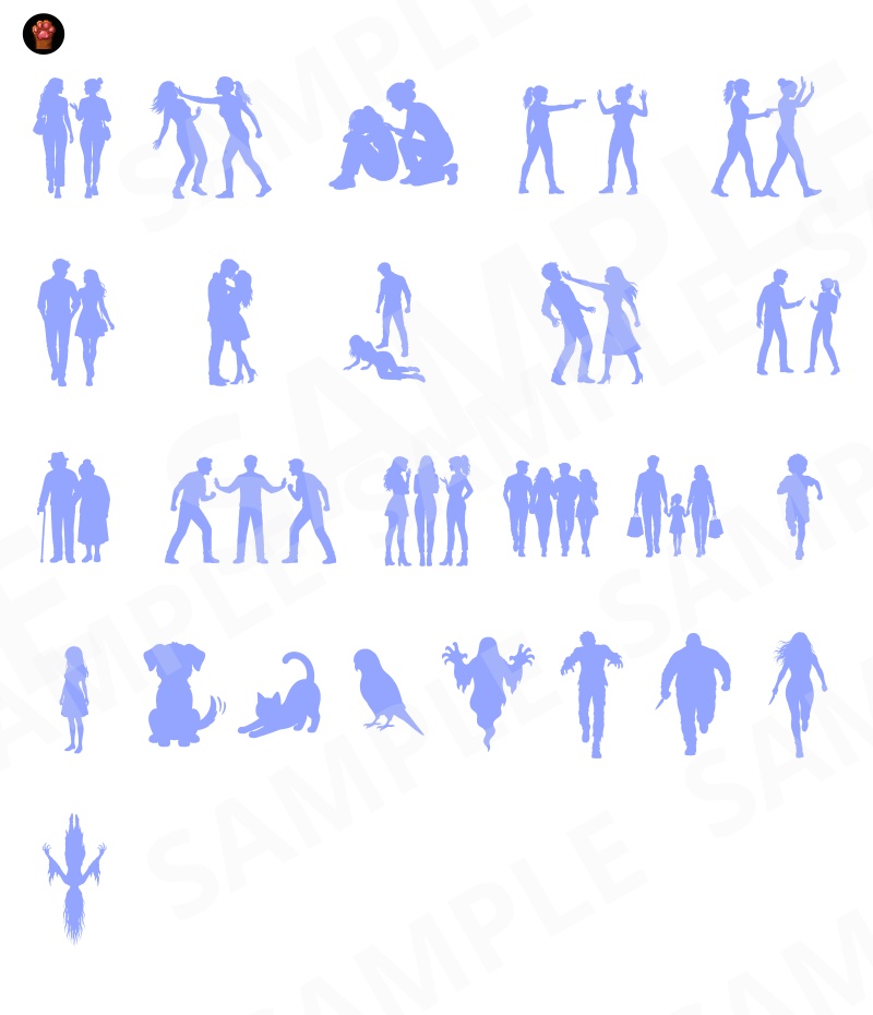 SIL01|シルエット素材100種類(黒版・青版/透過PNG)|Silhouette Graphics Vol.1