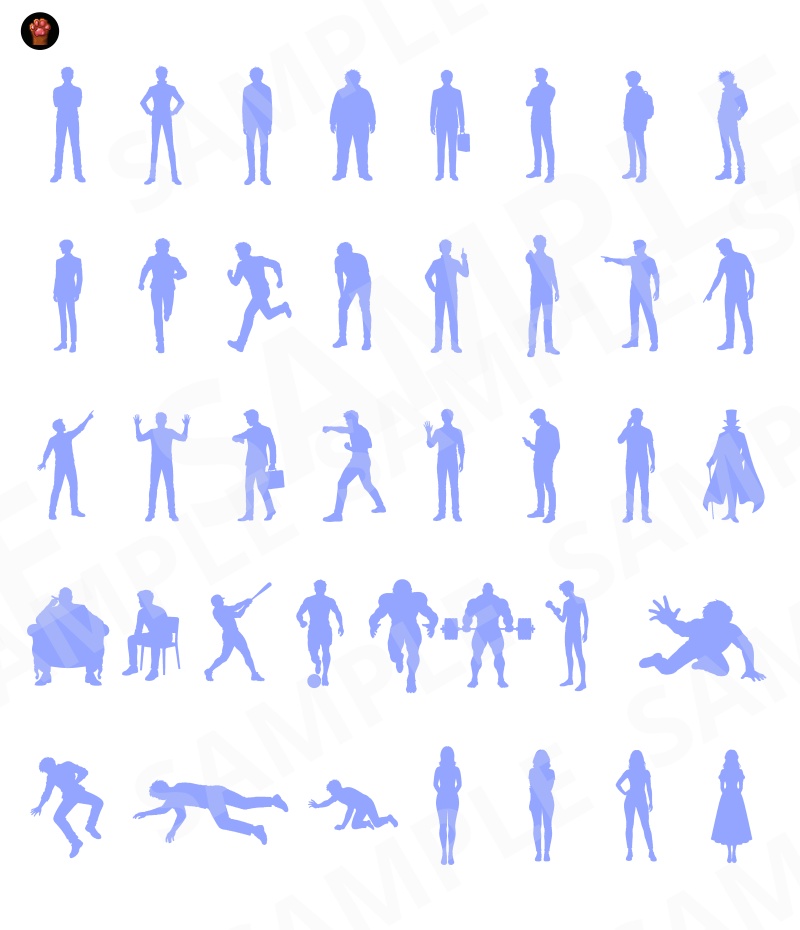 SIL01|シルエット素材100種類(黒版・青版/透過PNG)|Silhouette Graphics Vol.1