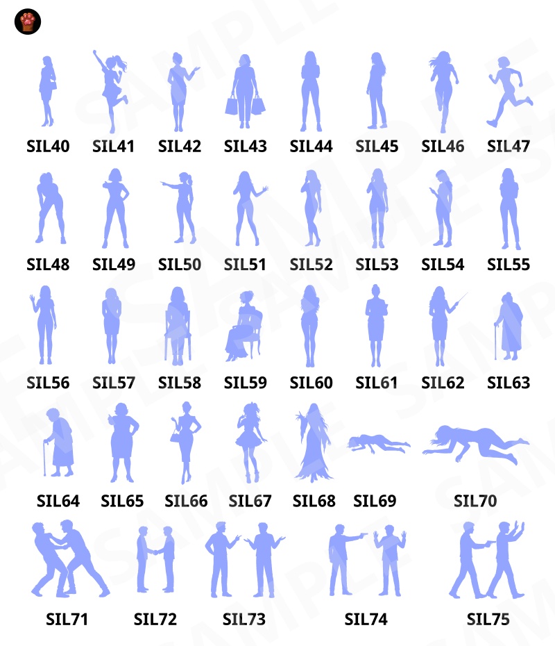 SIL01|シルエット素材100種類(黒版・青版/透過PNG)|Silhouette Graphics Vol.1