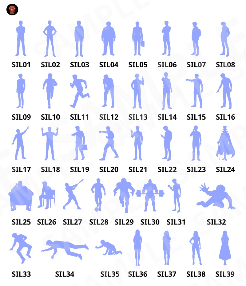 SIL01|シルエット素材100種類(黒版・青版/透過PNG)|Silhouette Graphics Vol.1