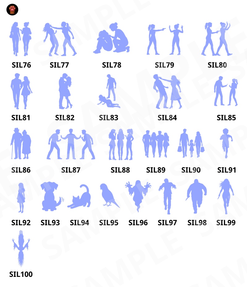 SIL01|シルエット素材100種類(黒版・青版/透過PNG)|Silhouette Graphics Vol.1
