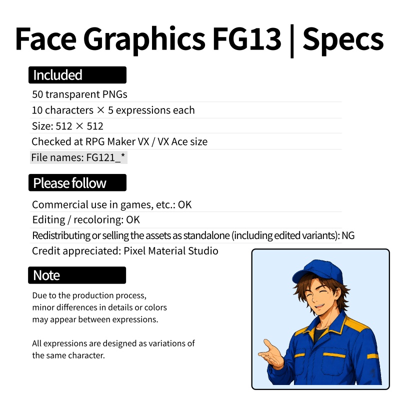 FG13|現代職業顔グラ50点|看護師・料理人・整備士など10人×5表情