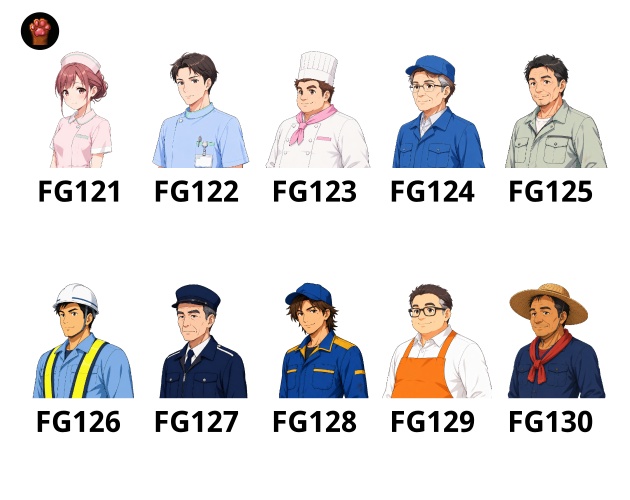 FG13|現代職業顔グラ50点|看護師・料理人・整備士など10人×5表情