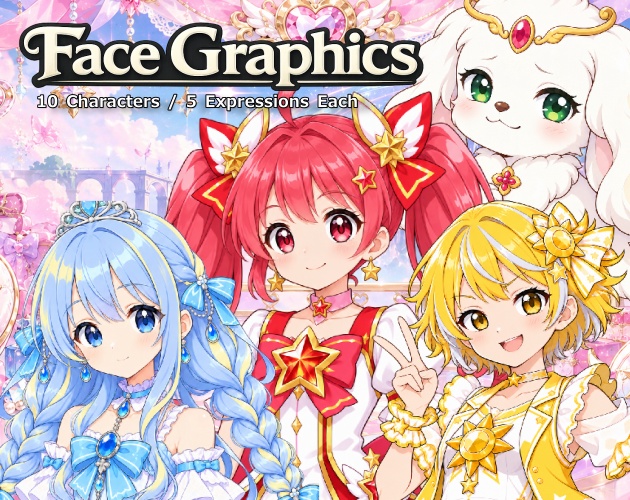 FG17|魔法少女顔グラ50点|魔法少女・変身前少女・妖精10人×5表情+ボーナス3点
