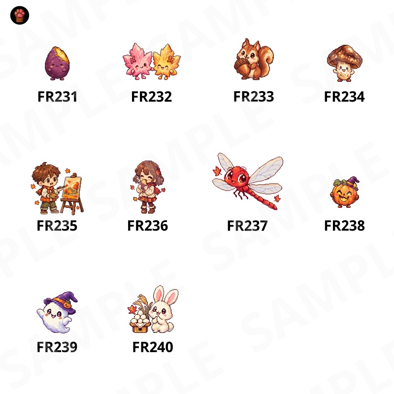 FR24|【無料】秋のかわいいドット絵10点|焼き芋・紅葉・リス・月見・ハロウィンなど