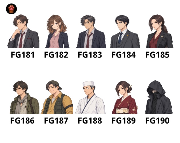 FG19|現代ミステリー顔グラ50点|探偵・刑事・法律家・記者・旅館関係者など10人×5種
