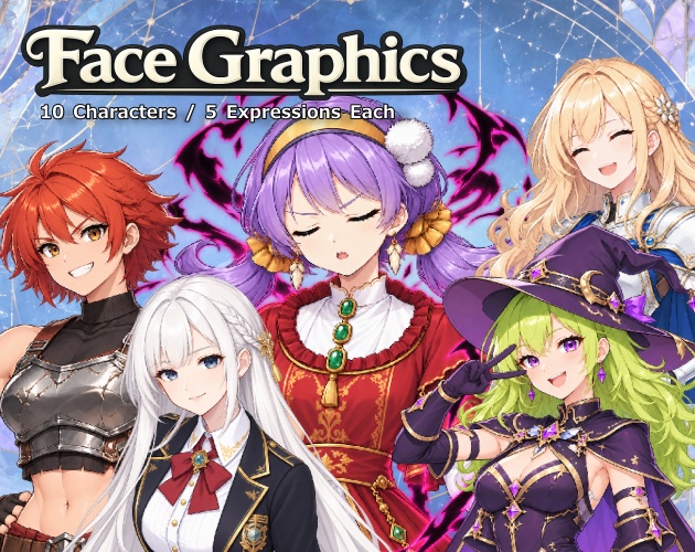 FG21｜ファンタジーヒロイン顔グラ50点 Vol.2｜王族令嬢・女騎士・魔女・星詠みなど10人×5表情