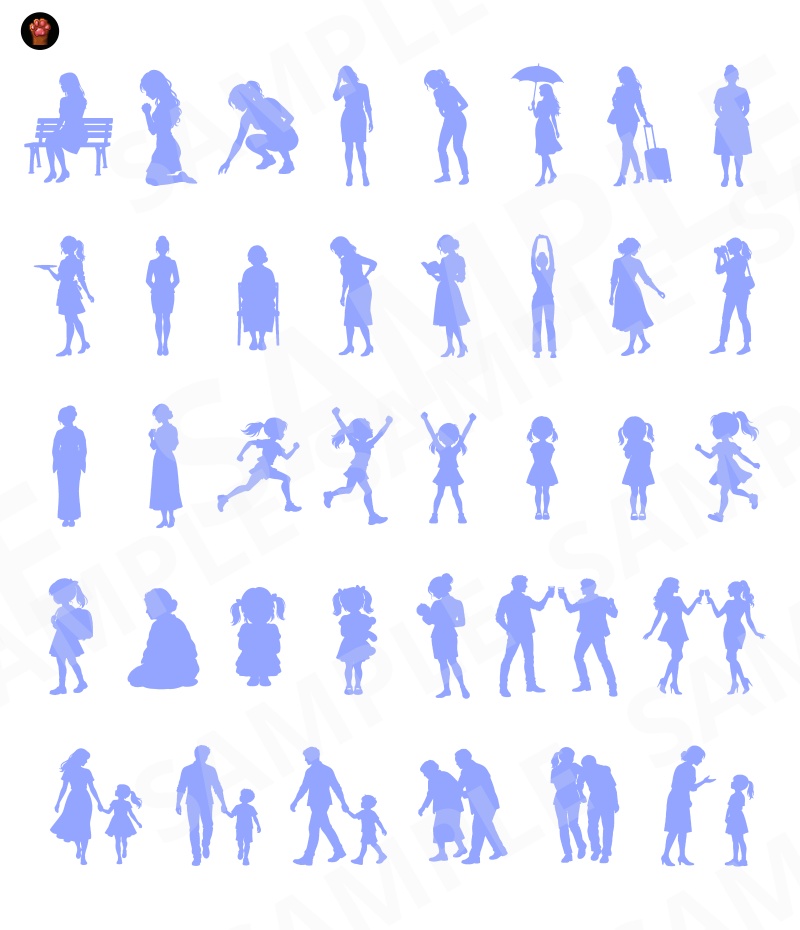SIL02|シルエット素材100種類(黒版・青版/透過PNG)|Silhouette Graphics Vol.2
