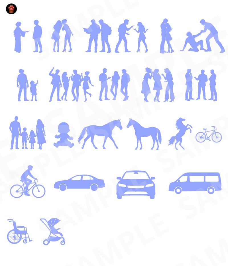 SIL02|シルエット素材100種類(黒版・青版/透過PNG)|Silhouette Graphics Vol.2