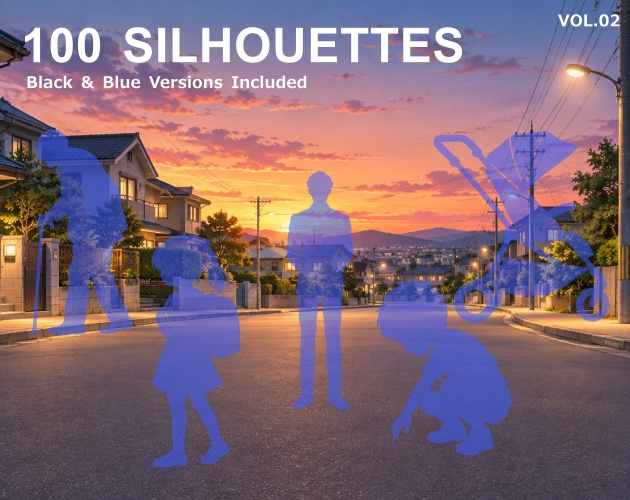 SIL02｜シルエット素材100種類（黒版・青版／透過PNG）｜Silhouette Graphics Vol.2