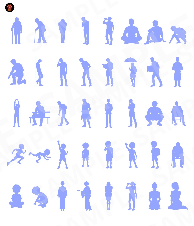 SIL02|シルエット素材100種類(黒版・青版/透過PNG)|Silhouette Graphics Vol.2