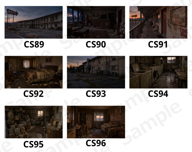 CS12|廃墟モーテル背景8点|外観・受付・外廊下・客室・駐車場・ランドリー・物置・管理人室