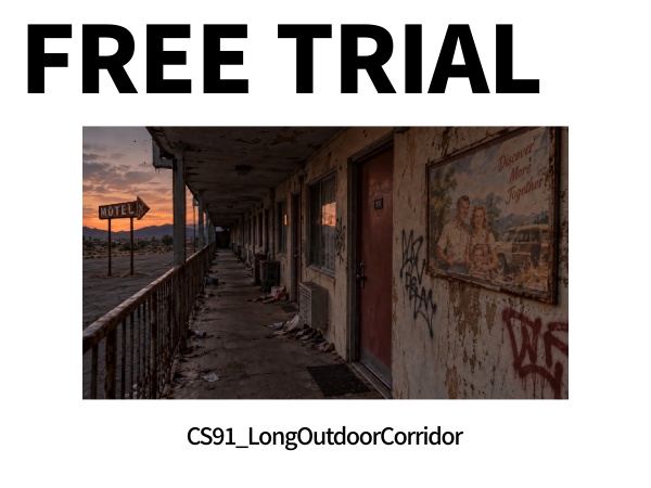 CS12|廃墟モーテル背景8点|外観・受付・外廊下・客室・駐車場・ランドリー・物置・管理人室