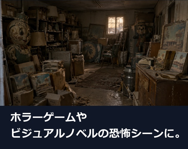 CS12|廃墟モーテル背景8点|外観・受付・外廊下・客室・駐車場・ランドリー・物置・管理人室