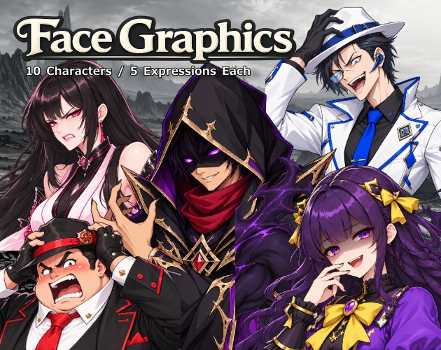 FG22|ファンタジーヴィラン顔グラ50点 Vol.2|悪役・敵幹部・女ヴィランなど10人×5表情+ボーナス3点