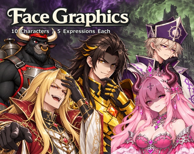 FG23|ファンタジーヴィラン顔グラ50点 Vol.3|魔族・四天王・騎士・個性派悪役など10人×5表情+ボーナス6点