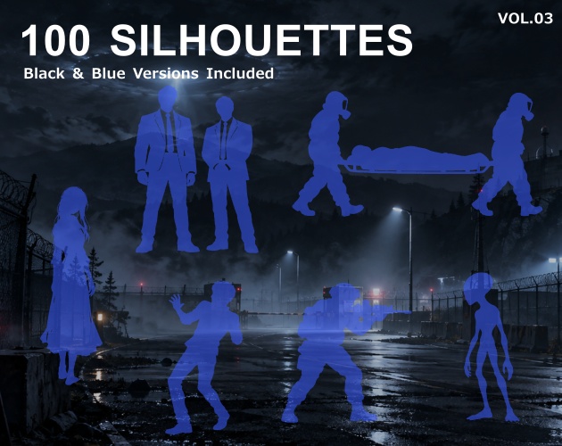 SIL03｜シルエット素材100種類（黒版・青版／透過PNG）｜Silhouette Graphics Vol.3