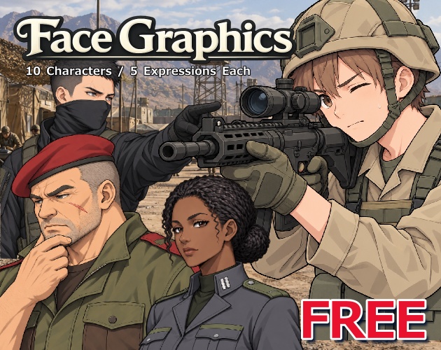 FR25|【無料】軍人・ミリタリー顔グラ50点|司令官・軍曹・特殊部隊・新兵など10人×5表情