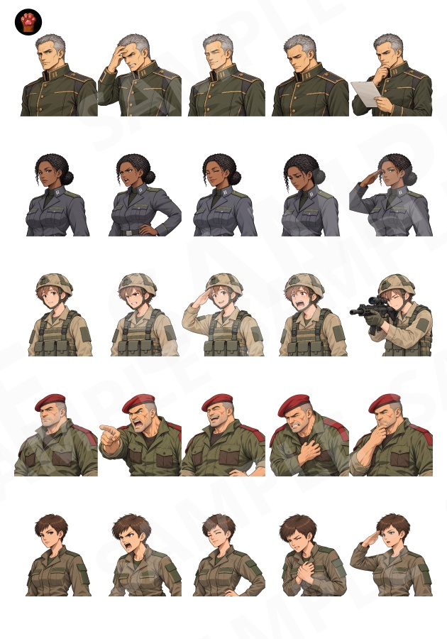 FR25|【無料】軍人・ミリタリー顔グラ50点|司令官・軍曹・特殊部隊・新兵など10人×5表情