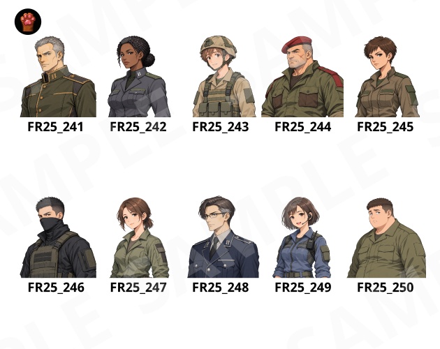 FR25|【無料】軍人・ミリタリー顔グラ50点|司令官・軍曹・特殊部隊・新兵など10人×5表情