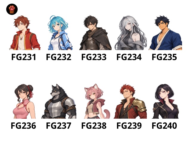 FG24|ファンタジー冒険者 顔グラ50点|主人公・ヒロイン・武闘家・獣人・ライバルなど10人×5表情