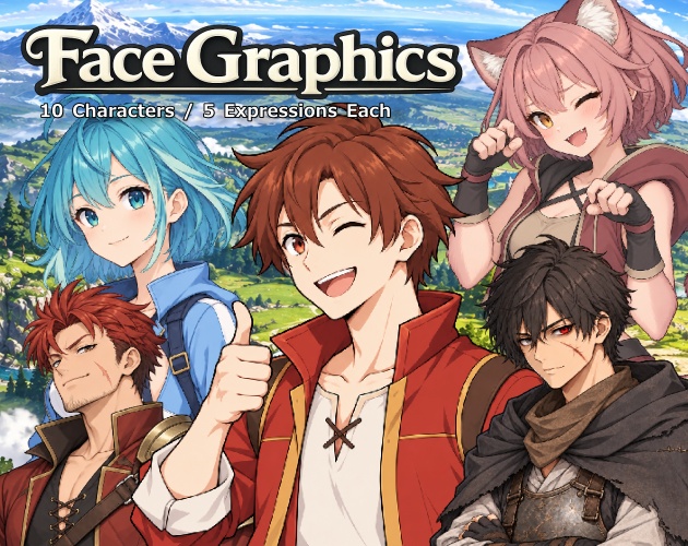 FG24｜ファンタジー冒険者 顔グラ50点｜主人公・ヒロイン・武闘家・獣人・ライバルなど10人×5表情