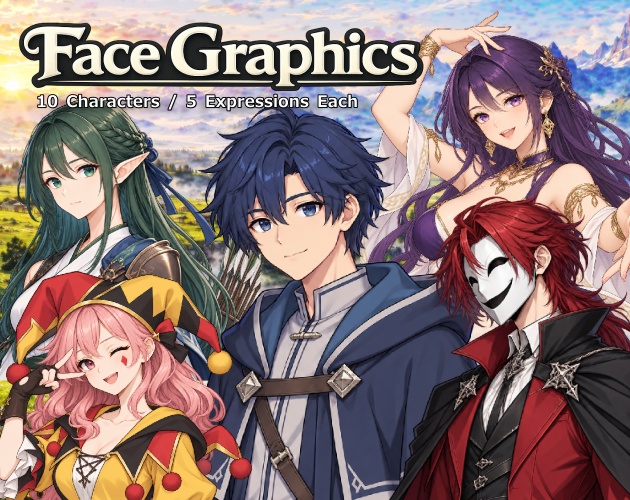 FG25|ファンタジーの仲間たち 顔グラ50点|弓使い・魔法使い・錬金術師・道化師・料理人など10人×5表情
