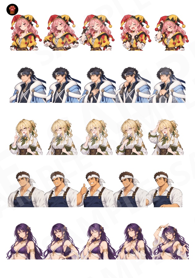 FG25|ファンタジーの仲間たち 顔グラ50点|弓使い・魔法使い・錬金術師・道化師・料理人など10人×5表情