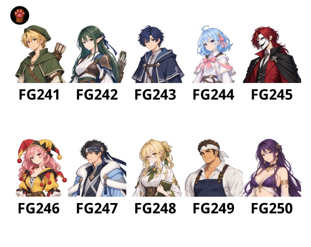 FG25|ファンタジーの仲間たち 顔グラ50点|弓使い・魔法使い・錬金術師・道化師・料理人など10人×5表情
