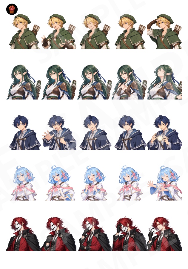 FG25|ファンタジーの仲間たち 顔グラ50点|弓使い・魔法使い・錬金術師・道化師・料理人など10人×5表情
