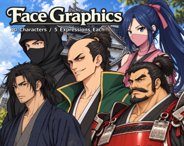 FG26|戦国・和風キャラクター 顔グラ50点|武将・忍者・くノ一・浪人・若侍など10人×5表情