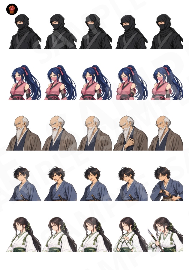 FG26|戦国・和風キャラクター 顔グラ50点|武将・忍者・くノ一・浪人・若侍など10人×5表情