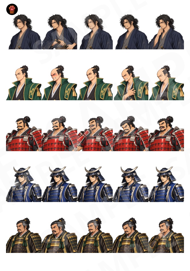 FG26|戦国・和風キャラクター 顔グラ50点|武将・忍者・くノ一・浪人・若侍など10人×5表情