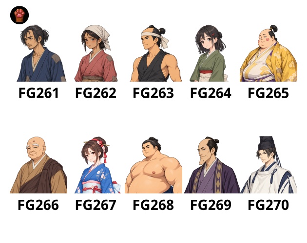 FG27|戦国・江戸の和風NPC 顔グラ50点|農民・茶屋娘・姫君・商人・陰陽師など10人×5表情