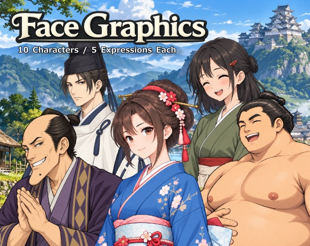 FG27｜戦国・江戸の和風NPC 顔グラ50点｜農民・茶屋娘・姫君・商人・陰陽師など10人×5表情