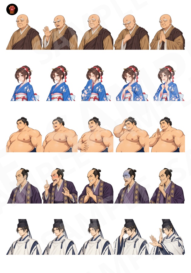 FG27|戦国・江戸の和風NPC 顔グラ50点|農民・茶屋娘・姫君・商人・陰陽師など10人×5表情