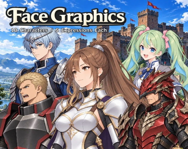 FG28|ファンタジー 騎士・戦士 顔グラ50点|重装騎士・聖騎士・竜騎士・学院騎士など10人×5表情