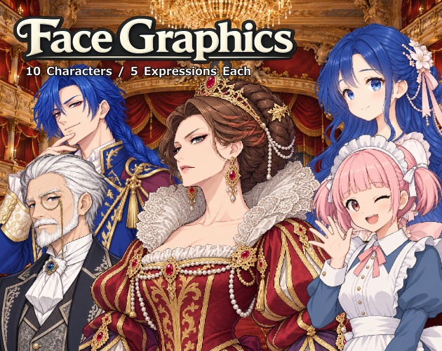 FG29｜ファンタジー 王宮・貴族 顔グラ50点｜暴君・冷酷な女王・王子・王女・執事・メイドなど10人×5表情