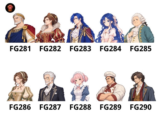 FG29|ファンタジー 王宮・貴族 顔グラ50点|暴君・冷酷な女王・王子・王女・執事・メイドなど10人×5表情