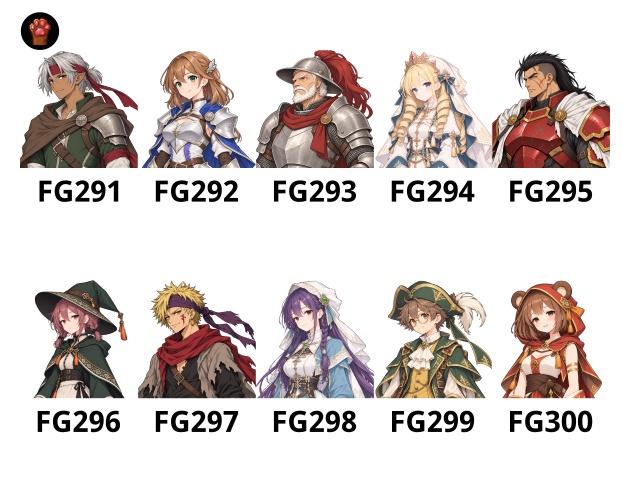 FG30|ファンタジー 勇者・ヒロイン 顔グラ50点|伝説の勇者・聖女・騎士・盗賊・賢者・魔法使いなど10人×5表情